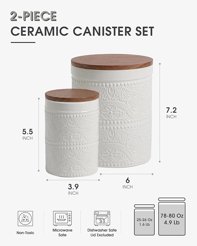 Ceramic Canister Sets for the Kitchen, Flour and Sugar Storage Containers, Coffee Canister with Airtight Lid for Countertops, Spices, and Food,(Lace Emboss)