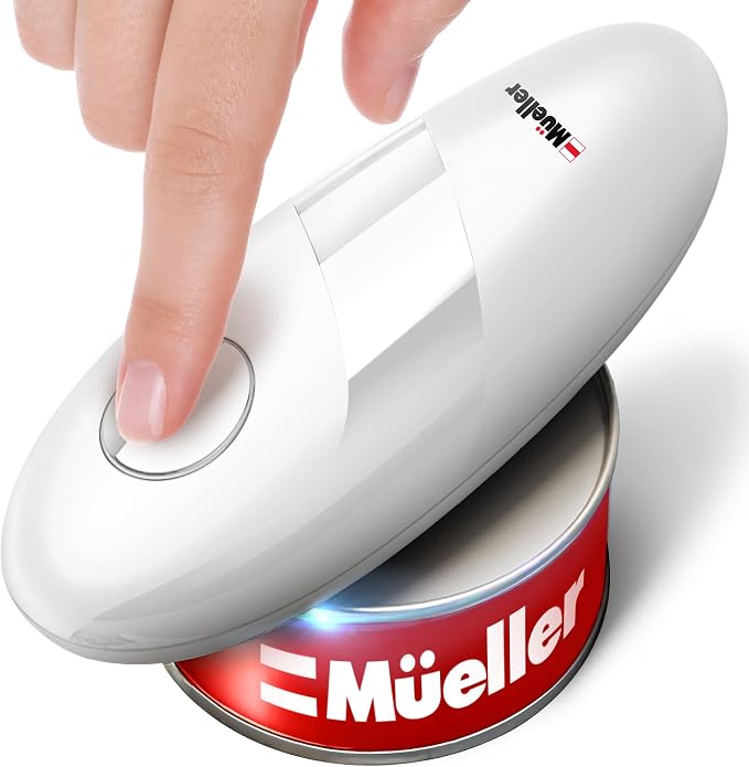 MUELLER HOME SmoothEdge Auto Electric Can Opener, White | Battery-Operated, One-Touch w Magnet Lid Lifter, Smooth-Edge Cut Technology, Portable Hands-Free Automatic