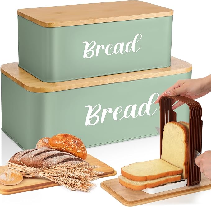 Teenyyou 2 Pcs Extra Large Bread Box with Slicer, Metal Bread Storage Container with Bamboo Cutting Board Lids, 2 Sizes Farmhouse Breadbox Set for Kitchen Countertop(Sage Green)