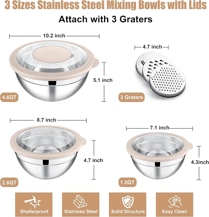 E-far Mixing Bowls with Lids and Graters, Stainless Steel Salad Mixing Bowl with Transparent Lid Set of 3, Metal Nesting Salad Storage for Kitchen Prepping/Serving/Baking, 4.6/2.6/1.5QT - Khaki