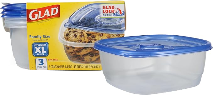 Glad GladWare XL Square Food Storage Containers, 104 Oz, 3 Count | BPA-free, dishwasher-safe containers for leftovers, meal prep, and freezer storage; family-size capacity