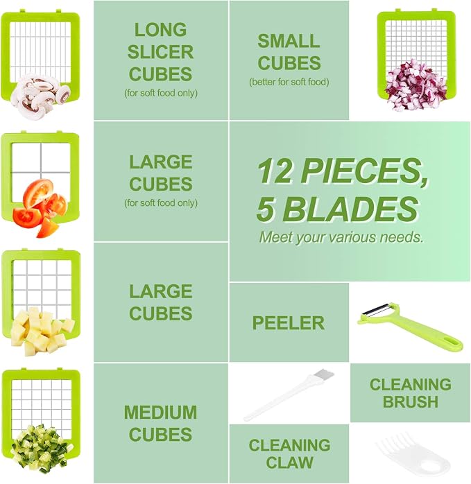 Vegetable Chopper, Food Dicer Chopper, Mandoline Slicer Veggie Cutter | 12 in 1 Food Chopper with Container, Onion Fruit Potato Salad Dicer, Meal Prep for Kitchen, 5 Blades, Light Green