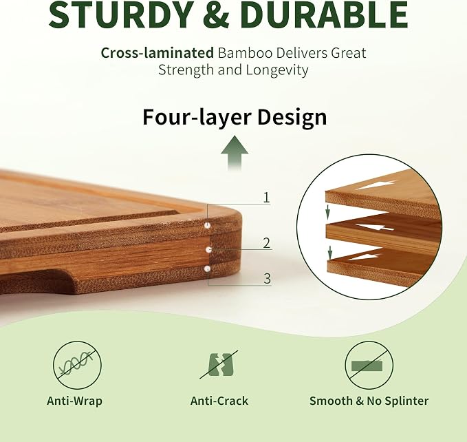 BAMBANG Bamboo Cutting Board, Dark Carbonized Chopping Boards Set of 3 with Stand, Butcher Block with Deep Juice Groove, Non-Toxic Wooden Cutting Boards for Kitchen Meal Prep & Serving