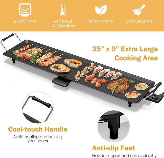 35'' Electric Griddle Teppanyaki Grill, Nonstick Extra Large Cooking Plate for Pancake Barbecue, Indoor Outdoor Table Top Grill with Adjustable Temperature & Drip Tray, 2000W