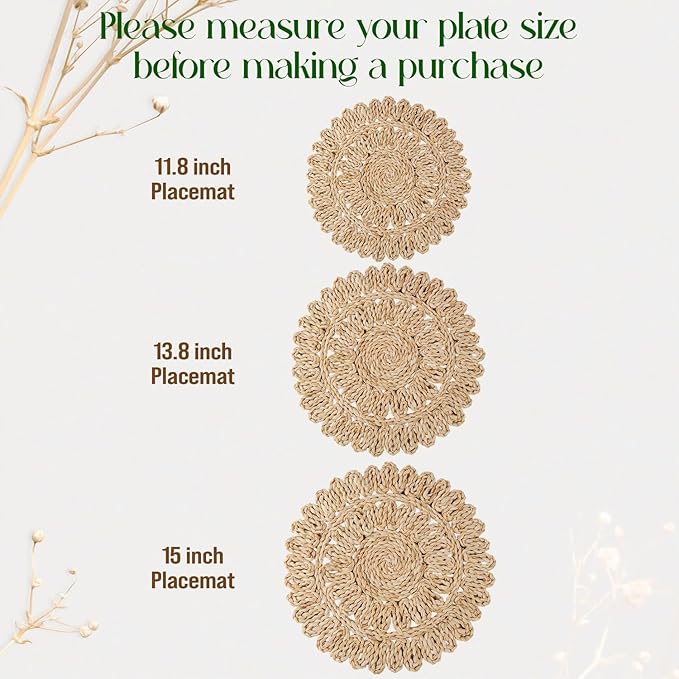15" Corn Husk Woven Round Placemats Set of 4 - Wicker Boho Farmhouse Placemats - Rattan Table Mats Like Water Hyacinth for Dining Table, Wedding, Home, Christmas, Party