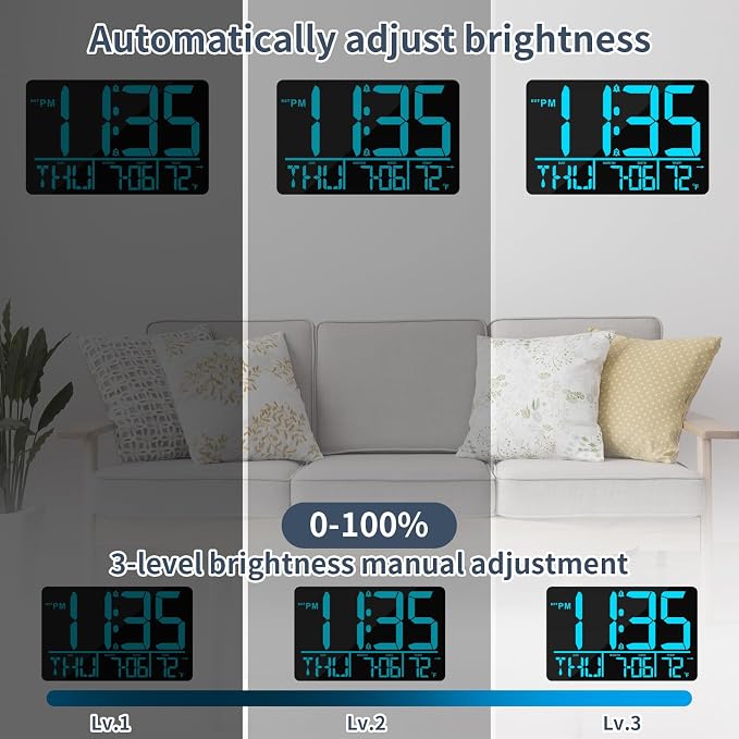 PERSUPER 13" Digital Wall Clock Large Display with Remote, Temp & Timer | Auto Dimming, 12/24H, DST, Calendar, 25 Ringtones, for Living Room, Bedroom, Office & Elderly - Blue
