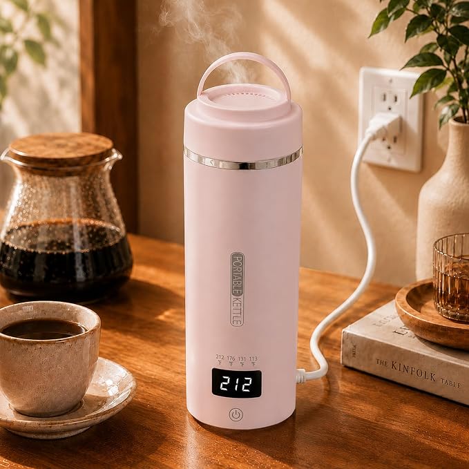 Travel Kettle, Portable Electric Kettle for 4 Temperature Controls, Pink | 304 Stainless Steel Liner, Auto Shut-off, 300W (120V) Fast Boiling, Water Bottle for Business Trips, Dorm & Office, 450ml