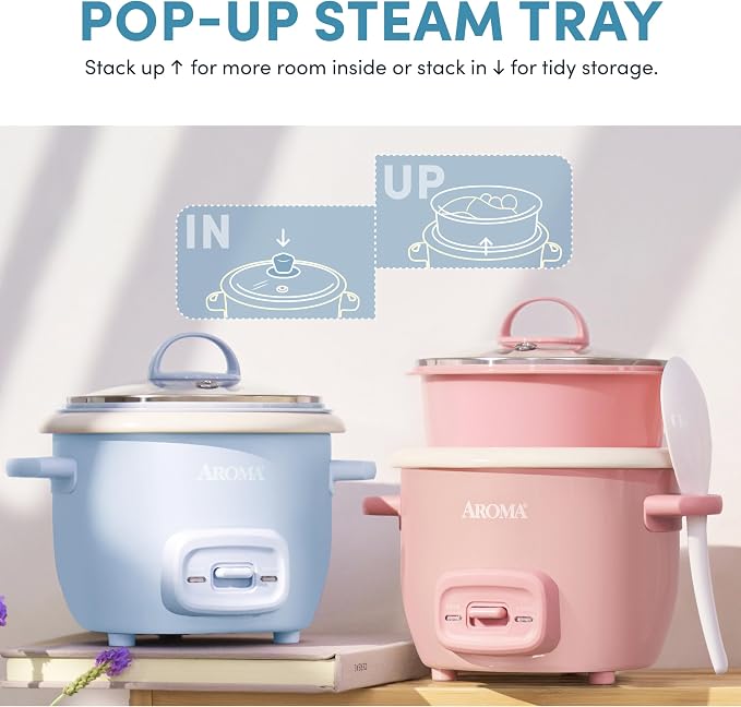 AROMA CoreCoat™ Mini Rice Cooker (3 Cups Cooked) with Nonstick Ceramic Pot Coating, Glass Lid, and Pop-Up Steamer Tray, 0.8 Quart