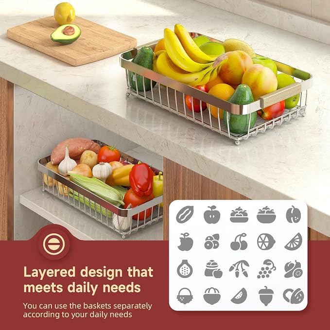 2-Tier Fruit Basket with Banana Hangers, Detachable Metal Bowl | Wooden handle, protective mats included. Versatile holder for bread, snacks, and veggies. Large 2 tier metal design.