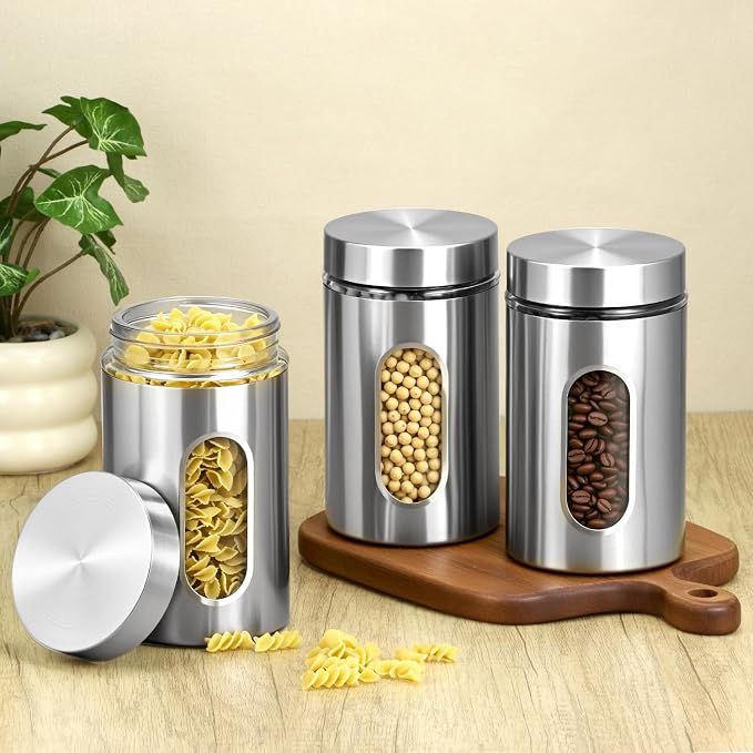QWORK Stainless Steel & Glass Airtight Kitchen Canisters Set, 3 Pack 32 oz Coffee, Sugar, Tea, and Candy Storage Jars with Large Transparent Windows, 32 oz Laege Capacity