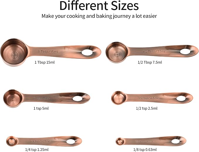 Copper Measuring Spoons Set with Flat Bottom for Kitchen & Baking, Stainless Steel Measuring Spoons Set for Dry & Liquid, Metal Measuring Tools Set with Engraved US & Metri Markings