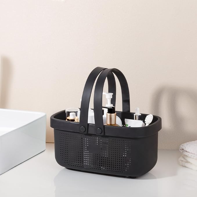 Portable Shower Caddy Basket with Handles Plastic Storage Basket Black | Sturdy Drainage Large Capacity Organizer Basket with Silicone Handles for Bathroom Kitchen Bedroom College Dorm Essentials