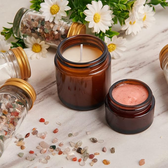 1oz Glass Jar with Lid,Hoa Kinh 30Pack Amber Cosmetic Glass Jars with Lids | Travel Jars with Inner Liners and Black Lids for Storing Lip and Body Scrub, Lotion, Body Butter, Bath Salts, Liquid