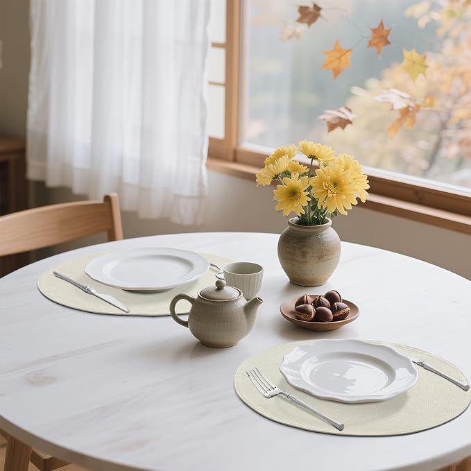 Cotton Linen 15 Inch Round Cloth Place mats, Set of 6, Cream | Washable Table Mats, Heat Resistant, Reversible, Wipeable Place Mats for Indoor Outdoor