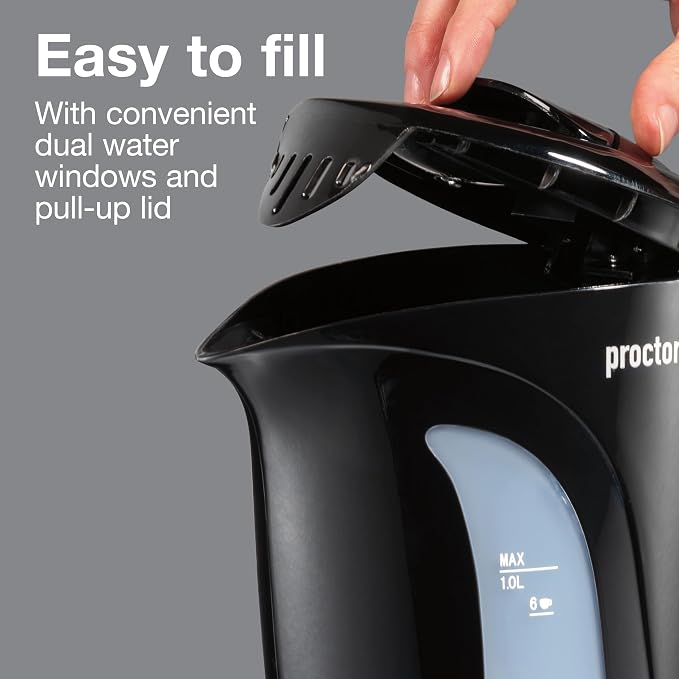 Proctor Silex 1 Liter Electric Tea Kettle, Water Boiler & Heater | Fast Boiling 1000 Watts | Cordless Serving | Auto-Shutoff & Boil-Dry Protection | Black | K2071PS