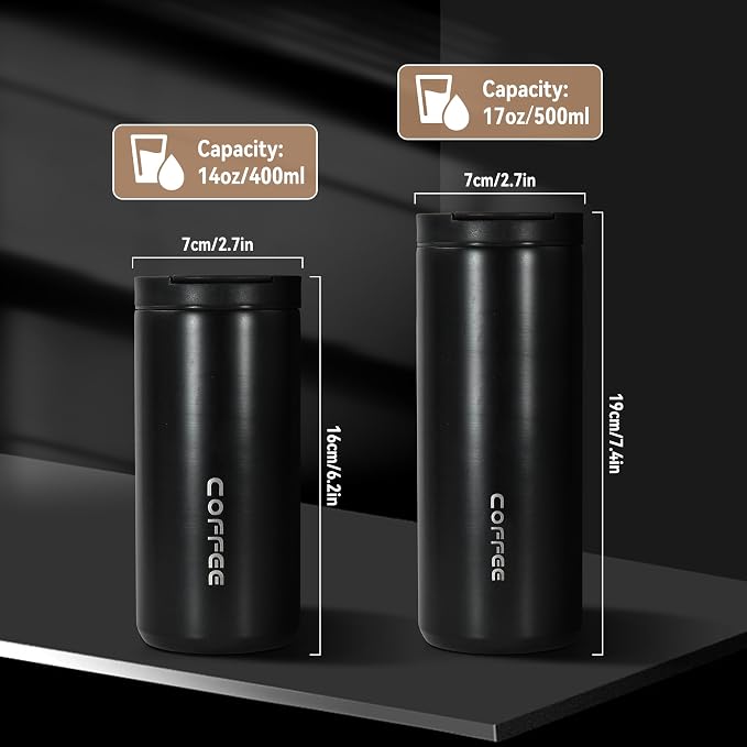 Insulated Coffee Mug 14oz,Travel Coffee Tumbler,Vacuum Insulated Coffee Mug with Leak Proof Screw Lid Coffee Cup for Men and Women for Hot & Cold Drinks, 400ml, Black