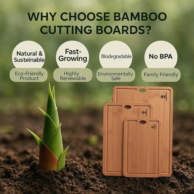 Bamboo Cutting Board Set for Kitchen, 3-Piece Reversible Carbonized Bamboo Chopping Boards with Juice Grooves & Hanging Holes, Butcher Block Board Set for Meat, Vegetables, Fruits & Cheese