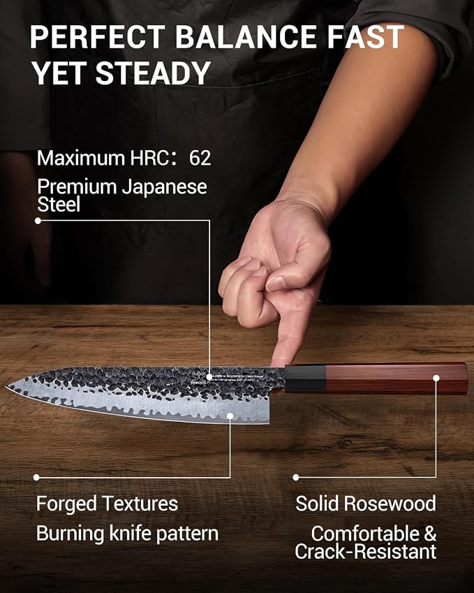 8" Japanese Knife, Hand-Forged Ultra Sharp Chef Knife Gifts for Men | 5-Layer High Carbon 9CR18MOV Steel Kitchen Knife with Rosewood Handle for Home Cooking/BBQ, Unique Birthday Gifts for Dad/Mom