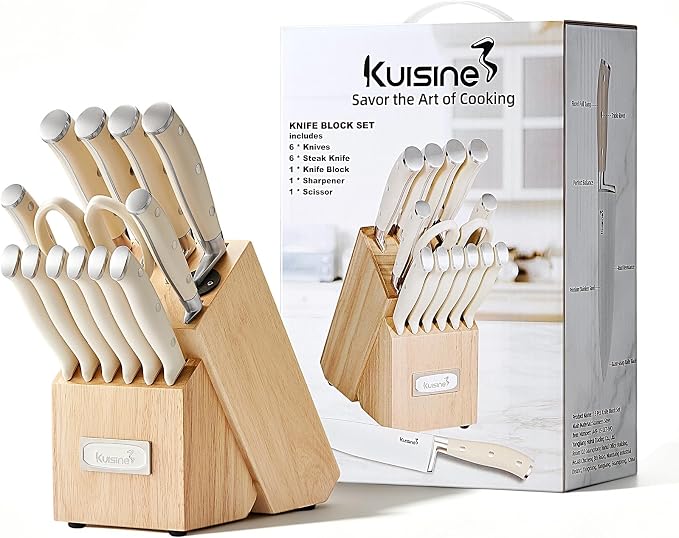 KUISINE Chef Knife Set, High Carbon Stainless Steel Ultra Sharp Blade Ergonomic Handle, Kitchen Knife Block Set with Built-in Sharpener, Elegant Gift for Holiday(15 PCS Pro White)