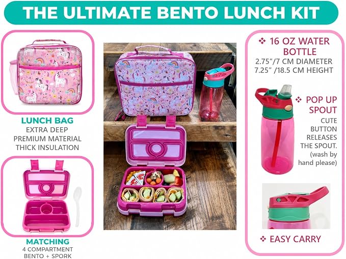 kinsho Bento Lunch Box with Insulated Bag and Water Bottle Set for Kids Toddlers, 4 Portion Sections, Removable Tray, Pre-School Girl Toddler Daycare Lunches, Snack Container, Pink Unicorn