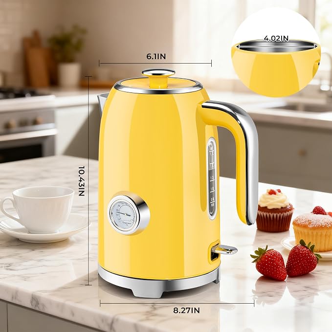 SUSTEAS 57oz Electric Kettle with Thermometer, Hot Water Pot, Retro Yellow | Electric Tea Kettle for Boiling Water, 1500W Stainless Steel Pot, Cordless LED Indicator, Auto Shut-Off & Boil Dry Protection