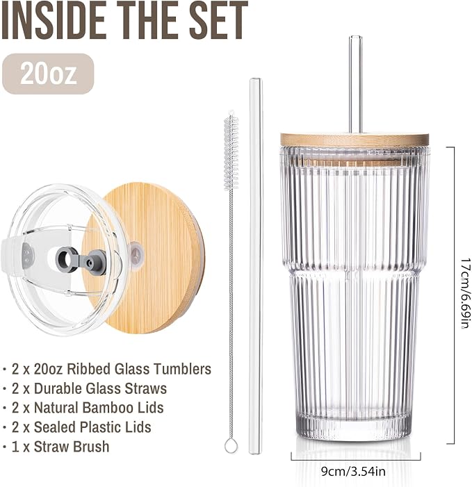 SoulTimes 20oz Ribbed Glass Tumbler with Bamboo Lid and Straw – Iced Coffee Glasses Cups for Smoothie, Matcha, Juice, Water etc. Leakproof and Reusable Glassware Drinking for Travel To Go 【2 Pack】