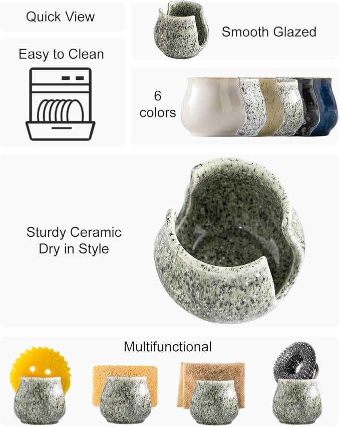Zoeeker Sponge Holder, Ceramic Sponge Holder for Kitchen Sink Brush Holder | Cute Scrubby Caddy Organizer Sponge Dish Rack Kitchen Storage Organizer Sink Caddy for Bathroom Countertop, Special Gray