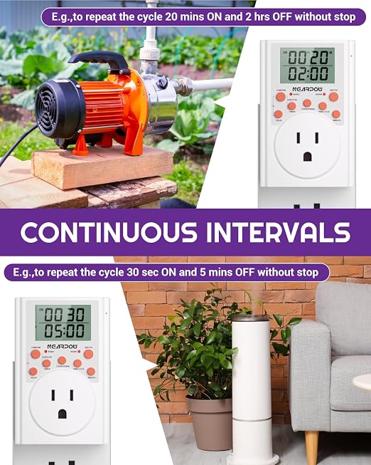 NEARPOW Infinite Cycle Digital Timer Outlet Switch, Programmable 3-Prong | Multifunctional Plug-in Electrical Timer, Energy-Saving Power Switch, Heavy Duty 15A/1800W for Household Appliances