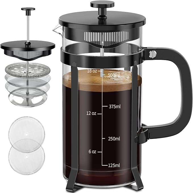 QUQIYSO French Press Coffee Maker 21oz,Borosilicate Glass Coffee Press | Thickened Glass Stainless Steel Coffee French Press,Easy to Clean,4 Filter Suitable for Kitchen Party Camping Gifts(Black)