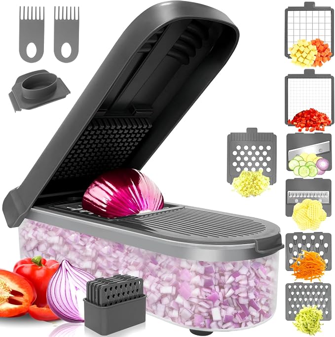 Vegetable Chopper with Container, 10 in 1 Manual Food Chopper Cutter, Grey | Multifunctional Sharp Blades Dice, Slice, Shred & Grate for Onions, Salads, Fruit at Home Kitchen for Various Use