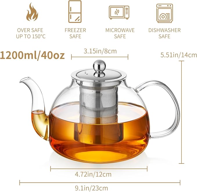 DOPUDO 40OZ (1200ML) Glass Teapot with Infuser Stovetop Safe, Clear Glass Tea Pot Kettle, Borosilicate Tea Pot with Infusers Filter for Loose Tea, Tea Kettle Dishwasher Safe.