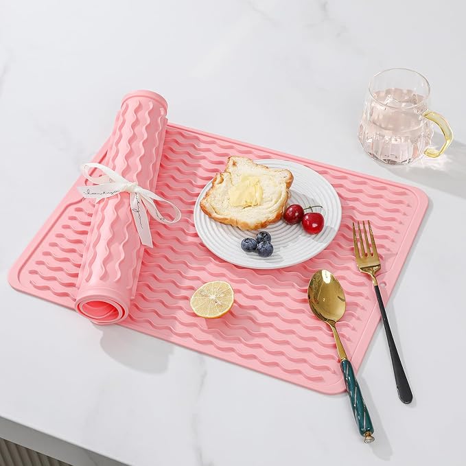 2 Pack Caketime Silicone Dish Drying Mat for Kitchen Counter Cooking Baking Liners Drawer Storage Refrigerator Espresso Machine Station Utensil Holder Washer Trivets Oven Tools 15"x11.5" Pink