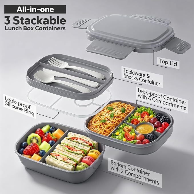 HOMETALL Bento Box Adult with Insulated Lunch Bag - 3 Stackable Leak-Proof Lunch Box Containers for Women & Men - BPA Free Lunchbox with Utensil Set (Spoon, Knife, Fork) for Work, Picnic, Dining Out