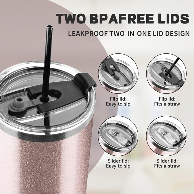40 oz Tumbler with Lids and Straws, Stainless Steel Insulated Coffee Tumbler, Double Wall Vacuum Insulated Travel Mug Cup, Leakproof Thermal Coffee Cup for Hot and Cold Drinks (Rose Gold)