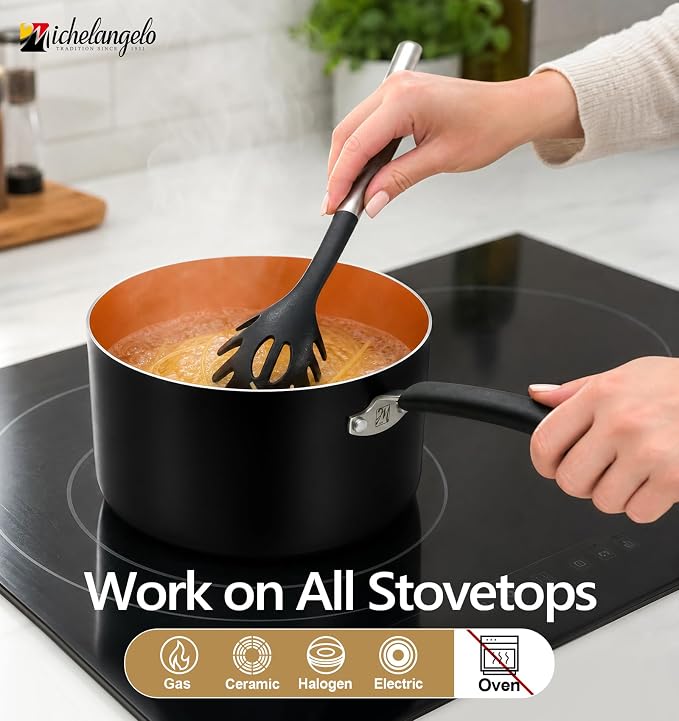 MICHELANGELO 4 Quart Sauce Pan with Lid, Nonstick Saucepan with Ceramic Coating, 4 QT Saucepan with Lid, Non-Toxic Saucepan with Stay-Cool Handle, Induction Compatible,Copper