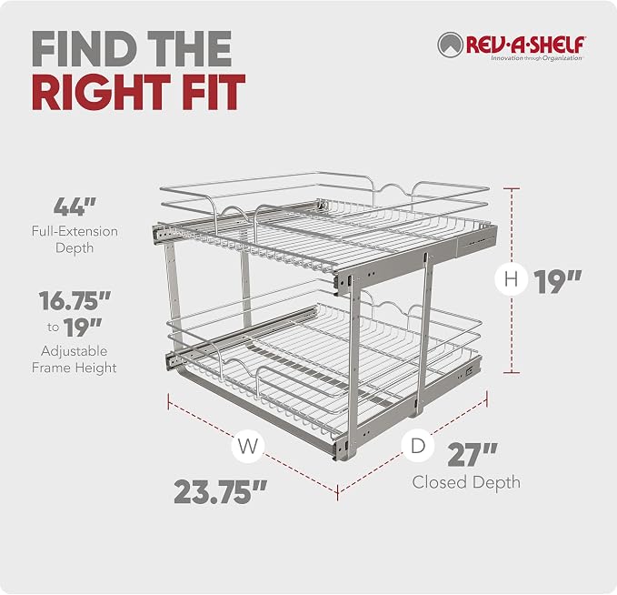 Rev-A-Shelf Pullout Organizer for Cabinets, Min Opening Width of 24" | Two-Tier Steel Shelf for Kitchen or Vanity Cabinet Organization, Heavy Gauge Wire Slide Out Storage Basket, 5WB2-2422-CR-1