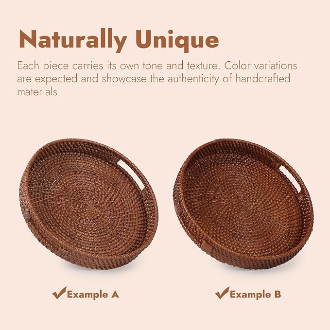13.8 inch Round Rattan Tray, Decorative Coffee Table Tray, Ottoman Trays, Woven Serving Trays with Handles Wicker Serving Basket, Reddish-Brown
