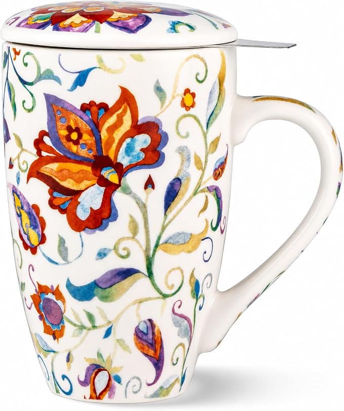GBhome Tea Mug with Infuser and Lid,18 Ounce Ceramic Loose Leaf Cup Steeper | Lead-Free Glaze For Tea Lovers,Microwave & Dishwasher Safe with Tea Strainer