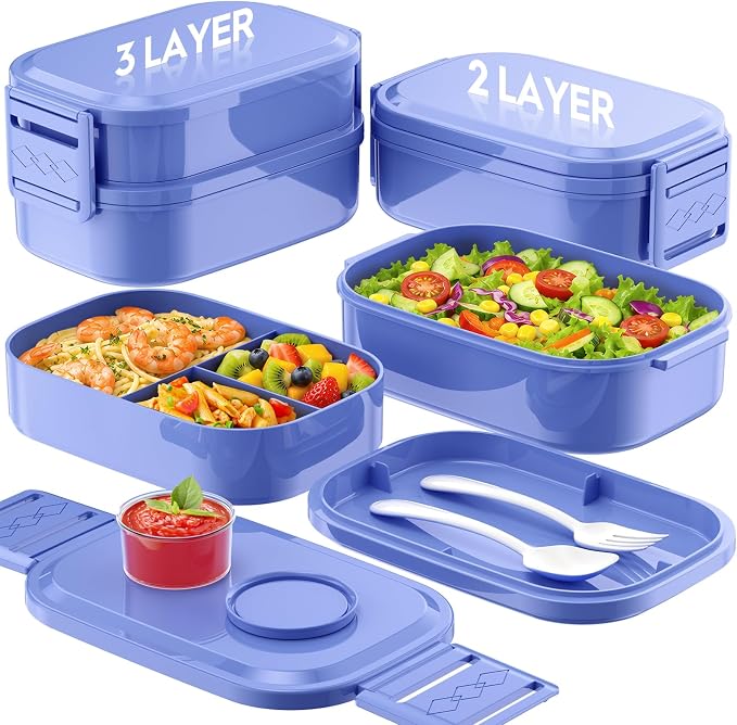 BiuLeon Bento Box Adult Lunch Box, 65 Oz Capacity Lunch Containers(Adjustable 2/3 Tier), BPA-Free, Leak-Proof and Stackable Bento Lunch Box, Microwave & Dishwasher Safe with Utensils(Macaron)
