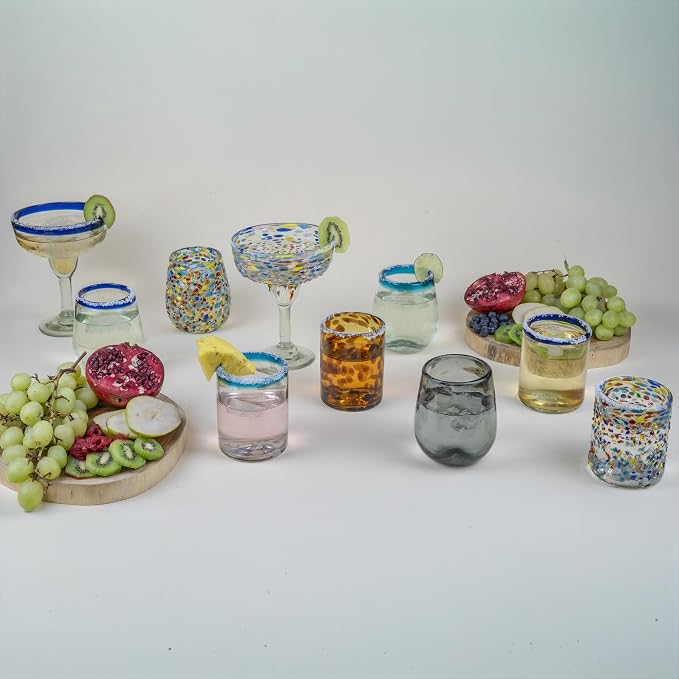Confetti Dots Hand Blown Tumbler Glasses Set of 6 – Colorful Mexican Glassware – 10 oz Recycled Glass Tumbler – Hand blown Mexican Drinking Glasses for Cocktails, Wine & Tequila