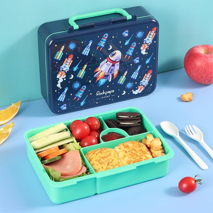 rockpapa Bento Box for Kids - Large 5.5 Cups Lunch Box with Utensils - 5 Compartments, BPA-Free, Leak Proof, Portable Handle for Boys Girls, Microwave/Dishwasher Safe (Blue Rocket)