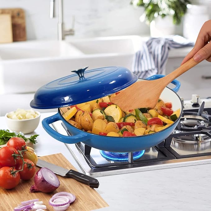 Enameled Cast Iron Dutch Oven Braiser, 3.8 Quart Enamel Skillet Pot with Lid - Heavy Duty and Dual Handles, Oven Safe Frying Pan for Family or Friends Gifts, Blue