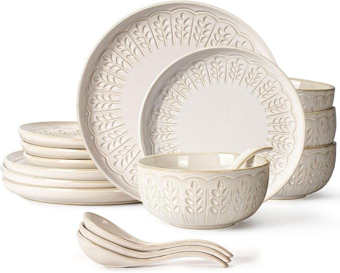 Plates And Bowls Sets, 16 Pieces Dinnerware Sets, Dish Set For 4, Ceramic Kitchen Bowl And Plate Set, Embossed White Dishware Sets, Dishwasher & Microwave Safe (Wheat Leaf)