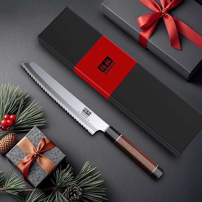 SHAN ZU 8 Inch Japanese Bread Knife, 9 Layers 10Cr15MoV High Carbon Steel | Bread Knives for Homemade Bread, Sharp Sourdough Bread Knives Sashimi Knives, Long Serrated Bread Sashimi Knife