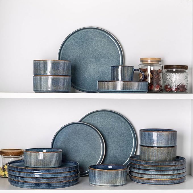 GBHOME Stoneware Dinnerware Sets for 6, 18-Piece Plates and Bowls Set | Handmade Reactive Glaze Ceramic Dish Set, Scratch Resistant, Dishwasher&Microwave Safe,Ceylon Blue