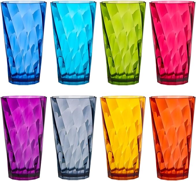 US Acrylic Optix Plastic Reusable Drinking Glasses (Set of 8) 20oz Water Cups in Jewel Tone Colors | BPA-Free Tumblers, Made in USA | Top-Rack Dishwasher Safe
