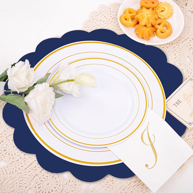50 Pcs Navy Blue Paper Placemats Disposable, 13.5 Inch Blue Disposable Scalloped Placemat Decorative Placemats for Birthday Wedding Baby Shower Banquet Tea Party