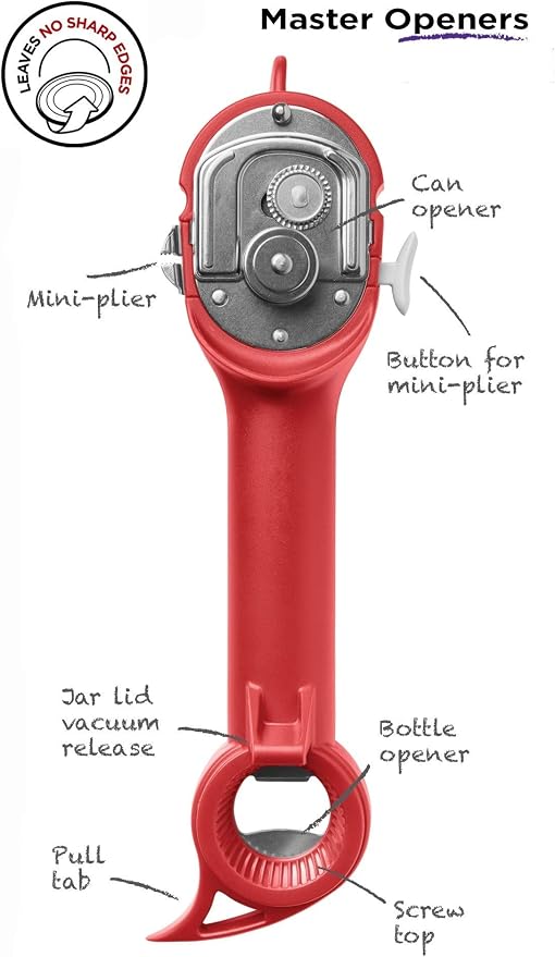 Kuhn Rikon Auto Safety LidLifter/Can Opener with Ring-Pull, 8 x 2.5 x 2.75 inches, Red & Auto Safety Master Opener for Cans, Bottles and Jars, 9 x 2.75 inches, Red