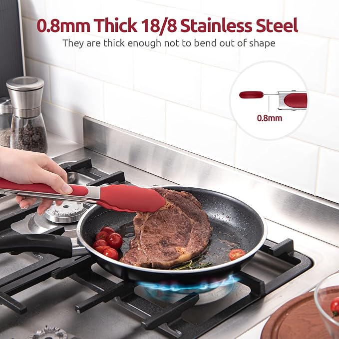 U-Taste Kitchen Tong for Cooking, 600ºF Heat-Resistant Silicone, 9in/Red | Rubber Tong for Serving Food, Salad/Grill/BBQ/Steak/Pasta Silicon Tongs, 18/8 Stainless Steel Handle & Smooth Locking