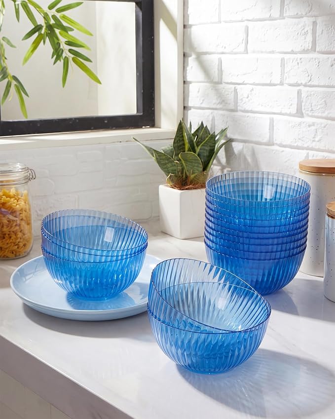 bUCLA 12 PCS Plastic Cereal Bowls Set - 28 Oz Clear Blue Disposable Vertical Stripes Serving Bowls for Snack, Salad, Dessert & Fruit